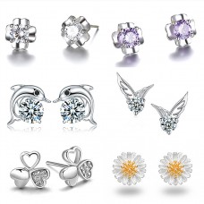 s925 sterling silver Japanese and Korean women's amethyst earrings crown chrysanthemum dolphin zircon earrings hypoallergenic earrings