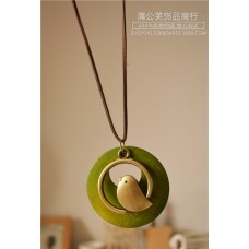 Retro cotton and linen accessories ethnic style Korean style wooden bird pendant long necklace sweater chain